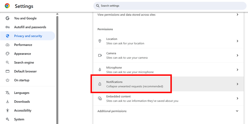 The "Notifications" option in Google Chrome settings.