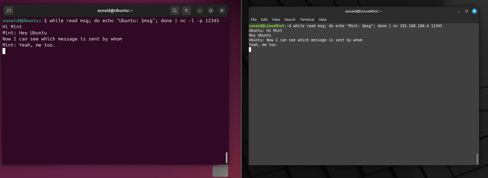Simple chat application using the nc command with sender names appended.