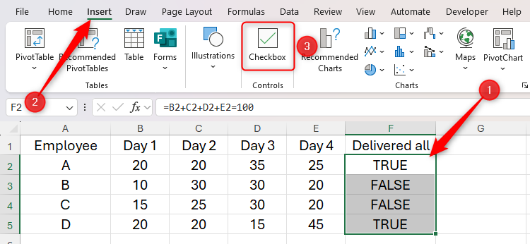 Some cells containing Boolean values in Excel are selected, and the Checkbox icon in the Insert tab on the ribbon is highlighted.