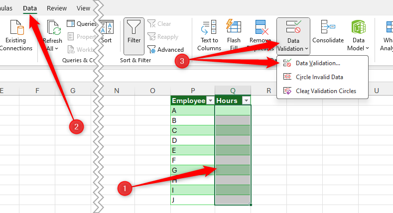 Some data in an Excel table is selected, and Data Validation in the Data tab on the ribbon is highlighted.