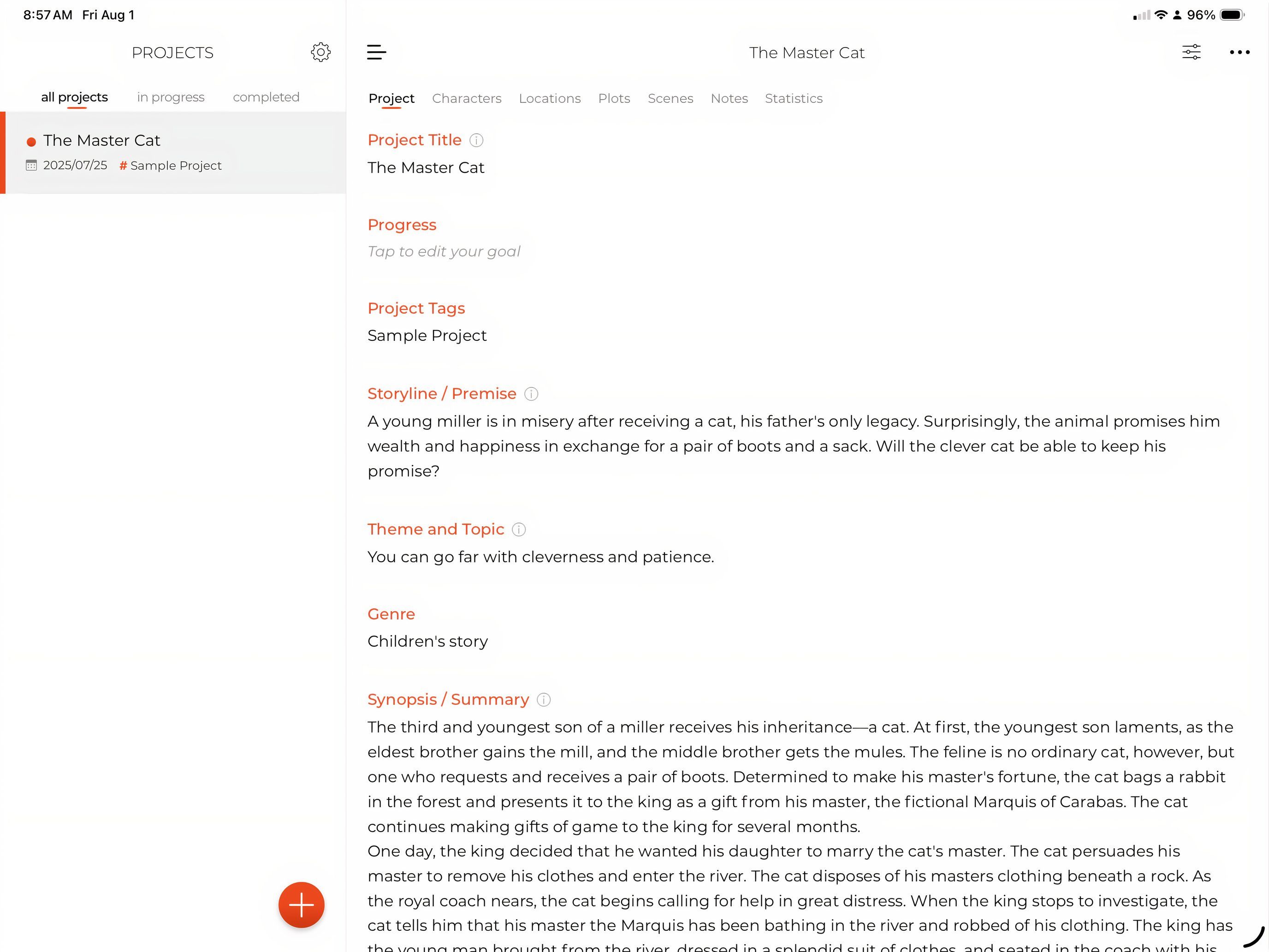 Пример истории в Story Planner for Writers на iPad.