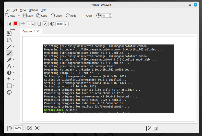 Снимок терминала с помощью Ksnip — классический инструмент Linux