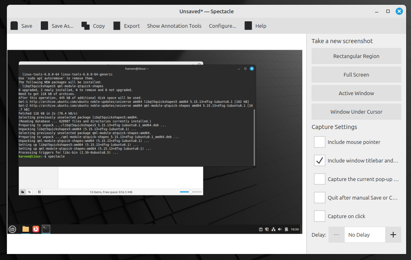 Скриншот терминала через Spectacle в Linux