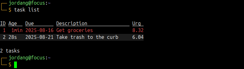 Taskwarriror list command showing a list of tasks.
