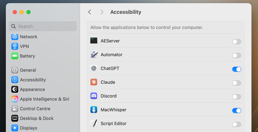 Accessibility parameters in macOS.