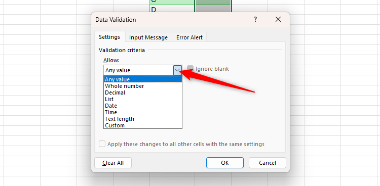 The Allow field of Excel's Data Validation tab is expanded to reveal the data type options.