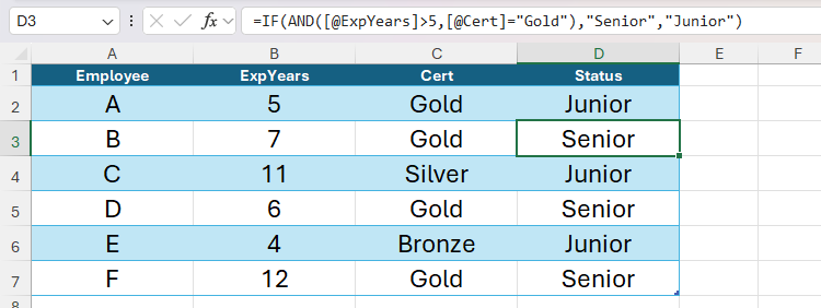 The AND function nested in an IF formula in Excel to perform two logical tests before returning a result.