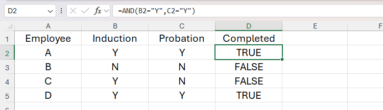 The AND logical function returns TRUE if both the Induction and Probation columns contain 'Y.'