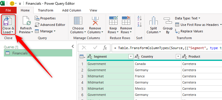 The Close And Load split button in the top-left corner of Excel's Power Query Editor.