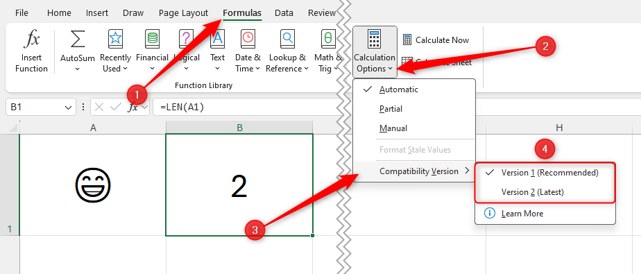 The Compatibility Version menu in Excel's Calculation Options drop-down.