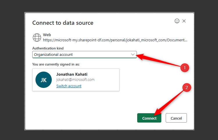 The Connect To Data Source dialog box in Excel for the web, with Organizational Account selected in the Authentication Kind field.