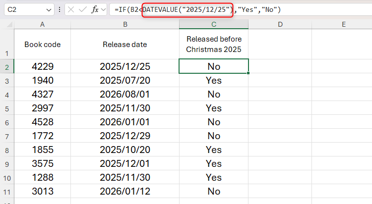 The DATEVALUE function nested within an IF formula in Excel to determine whether each book is released before Christmas.