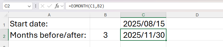 The EOMONTH function in Excel used to return the date at the end of the month that is three months after August 15.