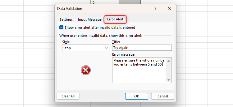 The Error Alert tab of Excel's Data Validation dialog box is opened, with a title and error message added to the text fields.