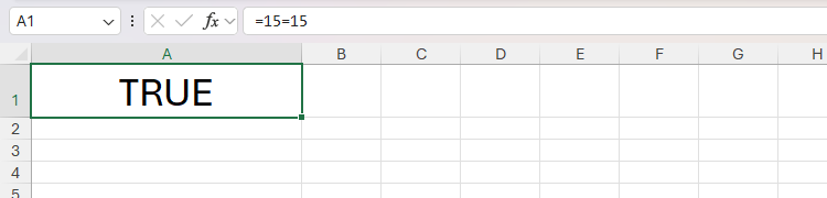 The formula =15=15 typed into cell A1 in Excel returns TRUE.