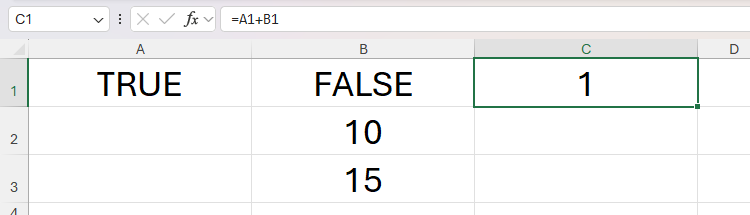 The formula =A1+B1 in Excel returns 1, because it adds a TRUE Boolean value to a FALSE Boolean value.
