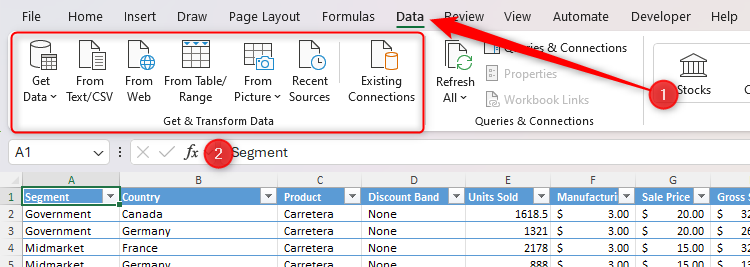 The Get And Transform Data group in the Data tab on the Excel ribbon.
