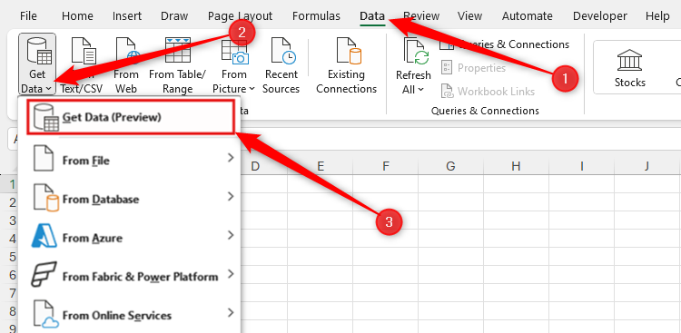The Get Data (Preview) option in the Get Data drop-down menu of the Data tab on the Microsoft Excel ribbon.