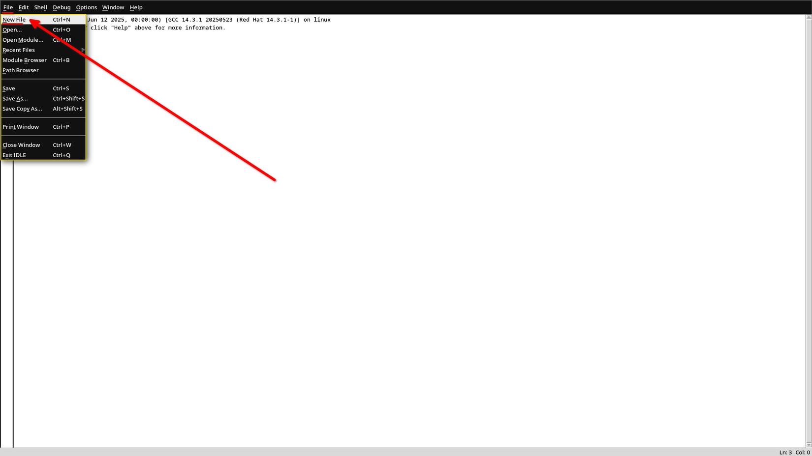 The idle repl window is open with the file menu expanded, showing its options. The new file menu item is highlighted in red to draw attention.