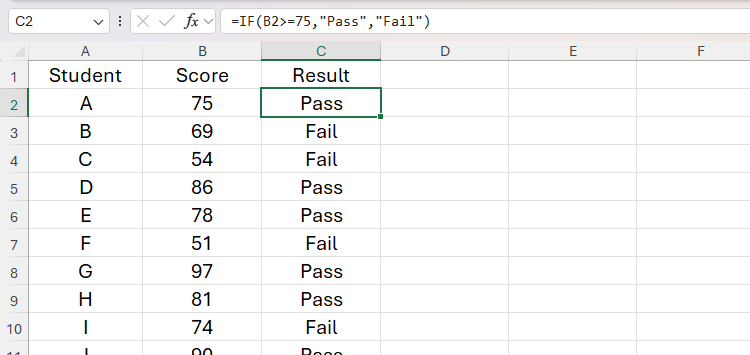 The IF function in Excel returning Pass or Fail depending on whether a student has scored 75 or above.