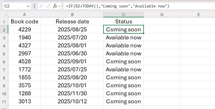 The IF function used with the greater than logical operator in Excel to determine whether books are available now or coming soon.