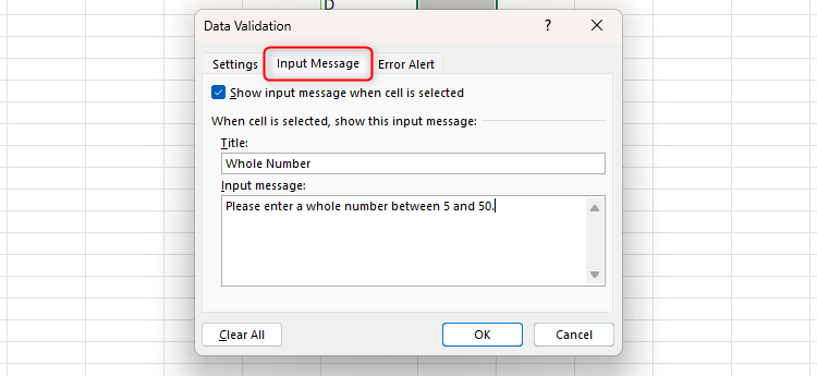 The Input Message tab of Excel's Data Validation dialog box is opened, and a title and input message are added to the text fields.
