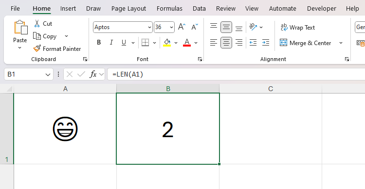 The LEN function double-counting an emoji in Microsoft Excel.