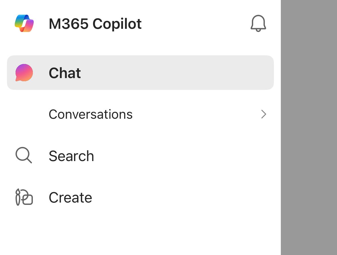 Мобильное приложение Microsoft 365 Copilot с тремя основными пунктами меню.