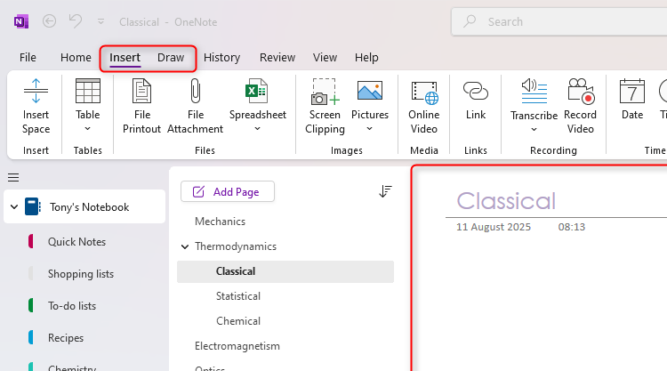 Панель заметок OneNote, выделены вкладки 'Вставка' и 'Рисование'.