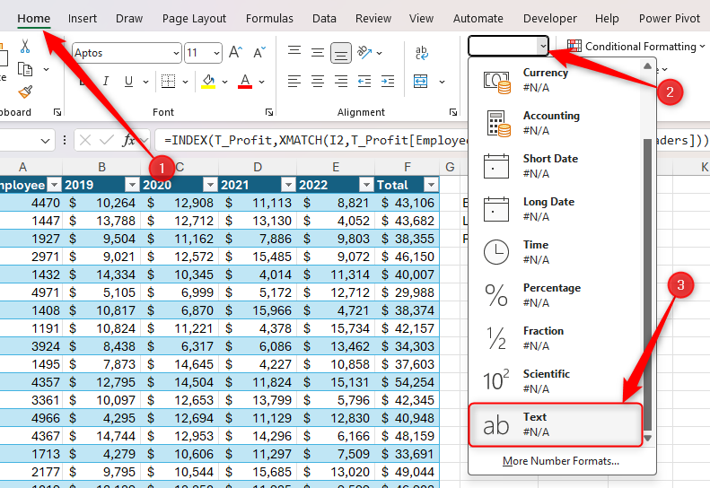 The number format drop-down in the Home tab of Excel's ribbon is expanded, and Text is selected.