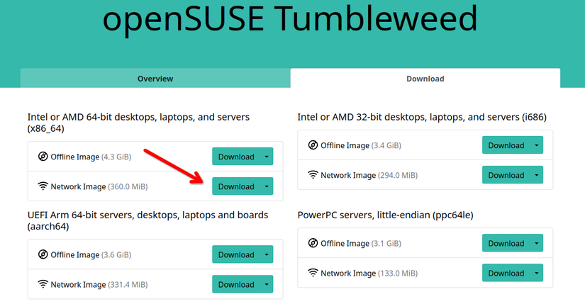 Скриншот сайта openSUSE с красной стрелкой на кнопке загрузки x86_64 network image.