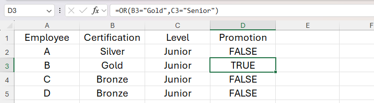 The OR logical function in Excel returns TRUE if an employee's certification is gold or their level is senior.