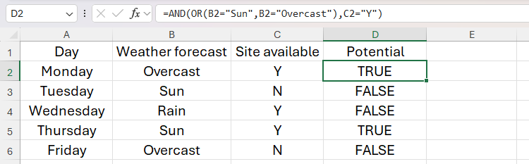 The OR logical function nested inside the AND logical function in Excel to return either TRUE or FALSE.