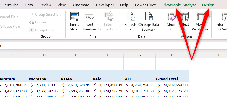 The PivotTable Analyze and Design tabs in Microsoft Excel.