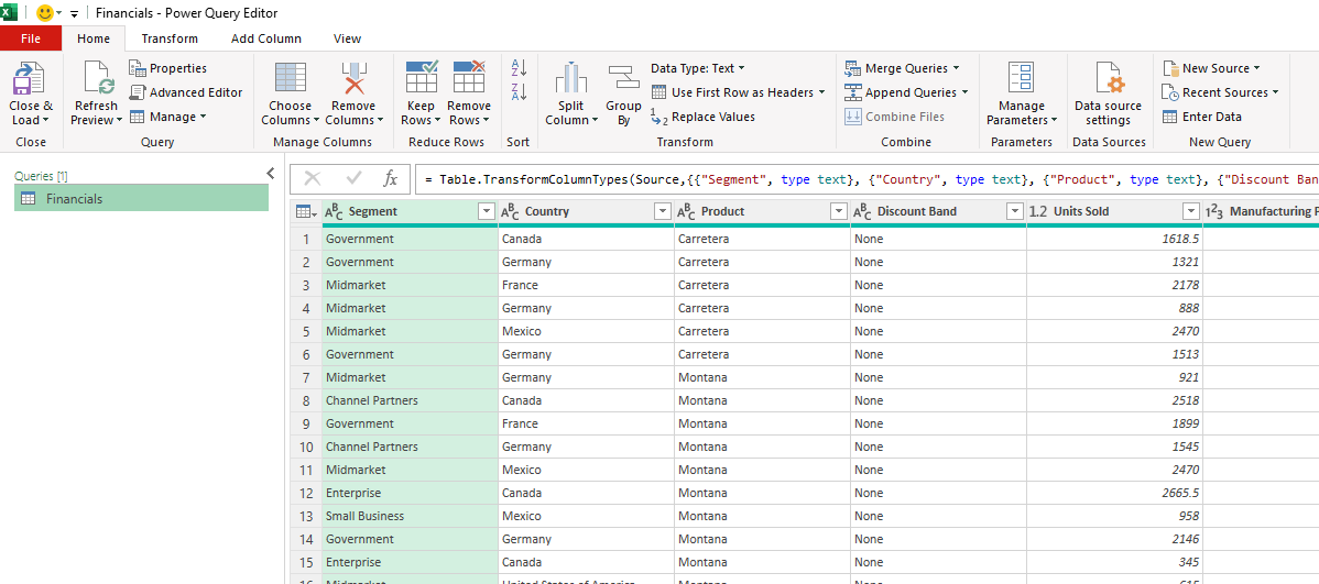 The Power Query Editor in Excel, with a query named Financials loaded into the preview.