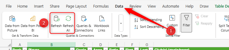 The Refresh and Refresh All buttons in the Data tab on the Excel for the web ribbon.