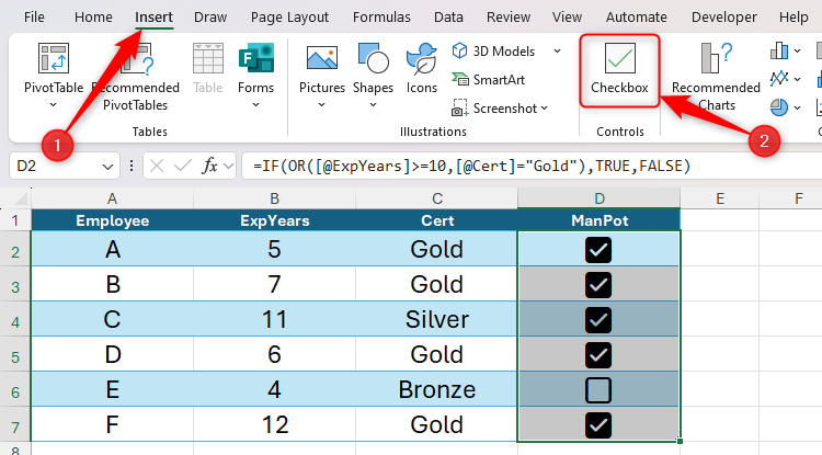 The results of IF-OR formulas in a column in an Excel table are converted into checkboxes.
