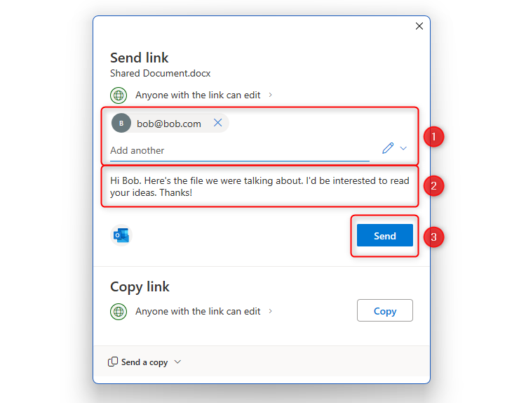Окно отправки ссылки в Microsoft Word, введен адрес и сообщение, нажата кнопка 'Отправить'.