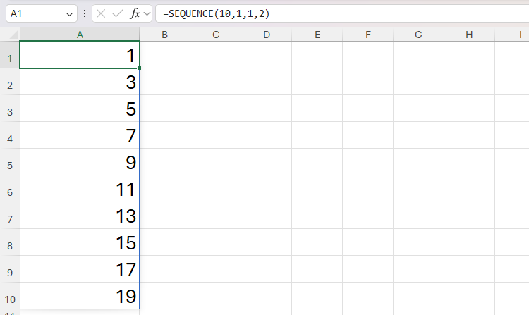 The SEQUENCE function in Excel being used to return a list of ten odd numbers.