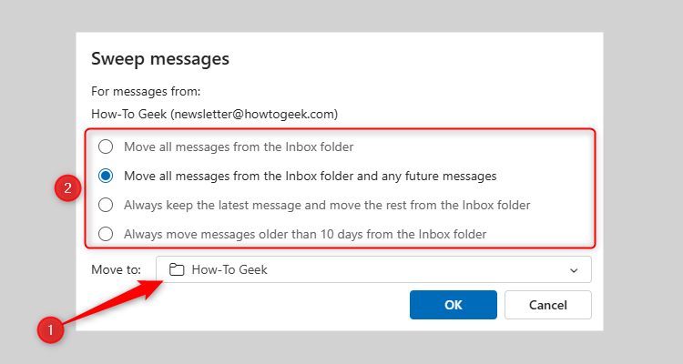 Диалоговое окно 'Очистка' в новой версии Outlook, выбран вариант действия и папка.