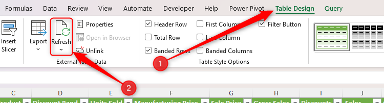 The Table Design tab on the Excel ribbon is opened, and the Refresh button in the External Table Data group is selected.