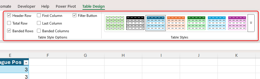 The Table Style Options and Table Style groups in the Table Design tab on the Excel ribbon.
