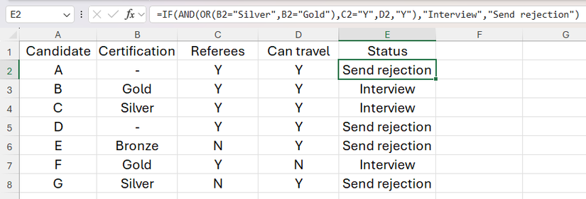 The words 'Send rejection' or 'Interview' are displayed in column E in an Excel spreadsheet, depending on criteria stipulated using IF, AND, and OR.
