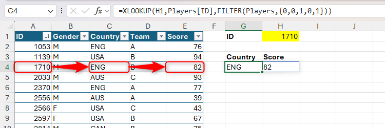 The XLOOKUP function in Excel being used with the FILTER function to return values from two non-adjacent columns.