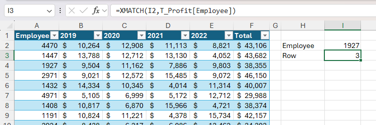 The XMATCH function being used to return the position of a value in a table column using a cell reference.