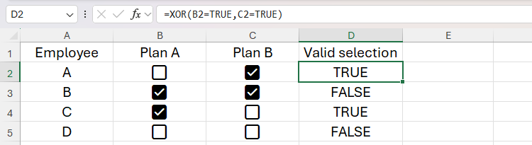 The XOR function in Excel returning TRUE if only one plan is selected, and FALSE if neither or both plans are selected.
