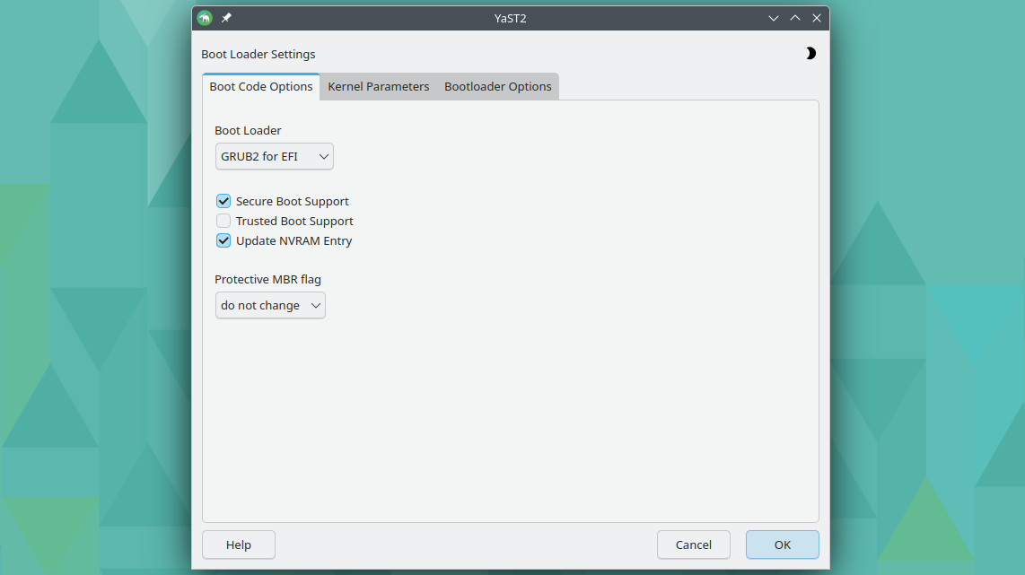 The YaST bootloader configuration menu.