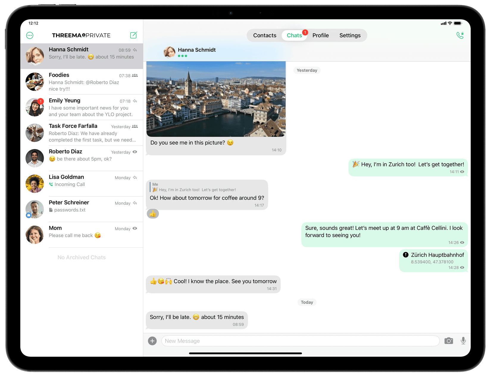 A tablet displaying the Threema secure messaging application. There is an open conversation on the screen.