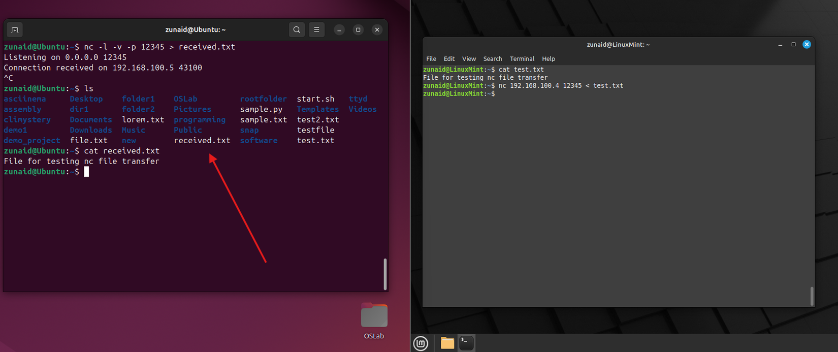 Transferring files between machines using the nc command.