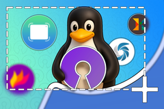 Tux, the Linux penguin mascot, holding a purple open-source logo inside a screenshot selection frame, surrounded by icons of various open-source screenshot tools.